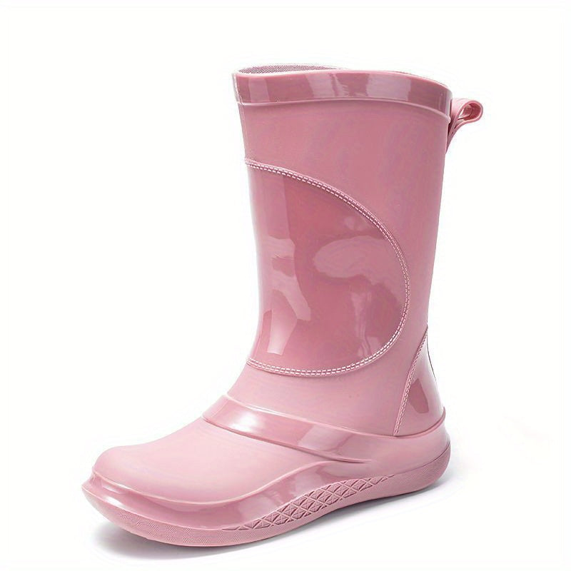 Women's Solid PVC Round Toe Rain Boots Flat Waterproof Water Shoes