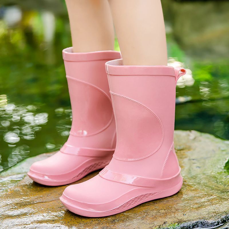 Women's Solid PVC Round Toe Rain Boots Flat Waterproof Water Shoes