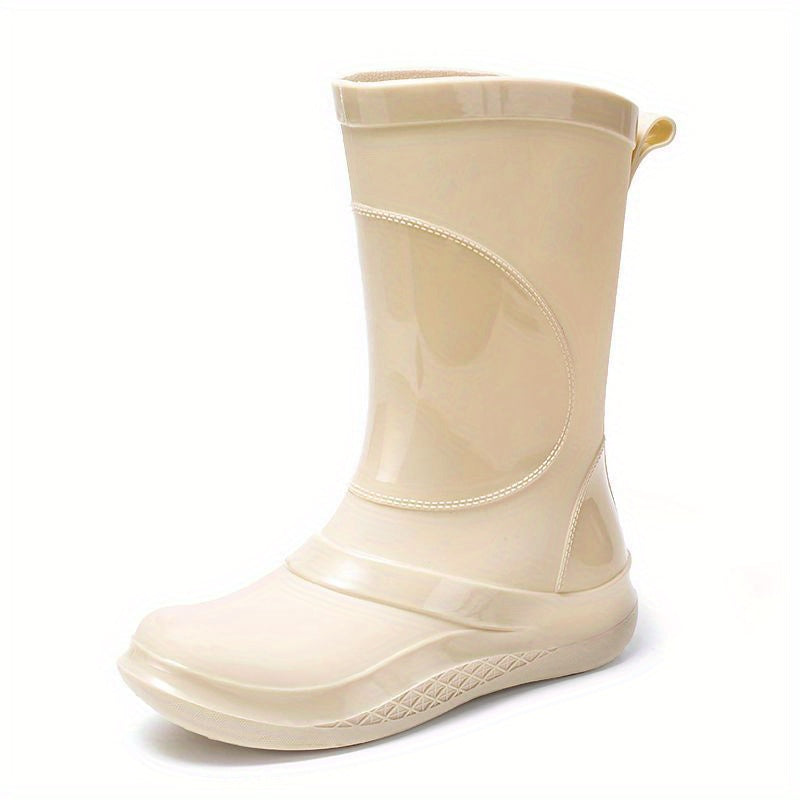Women's Solid PVC Round Toe Rain Boots Flat Waterproof Water Shoes