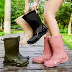 Women's Solid PVC Round Toe Rain Boots Flat Waterproof Water Shoes