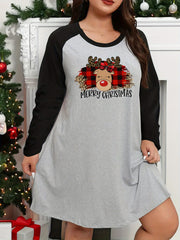 Plus Size Christmas Lounge Dress Women's Plus Plaid & Leopard Elk Graphic Raglan