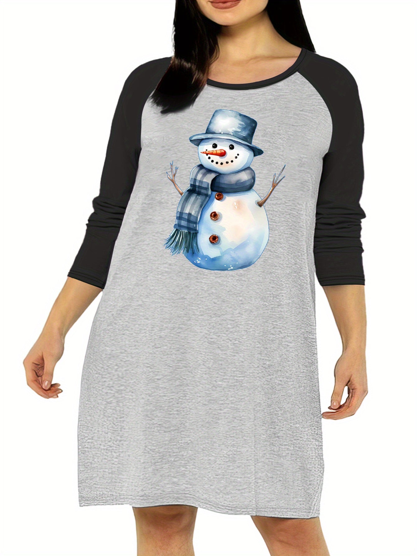Snowman Print Nightdress Raglan Sleeve Round Neck Sleep Dress