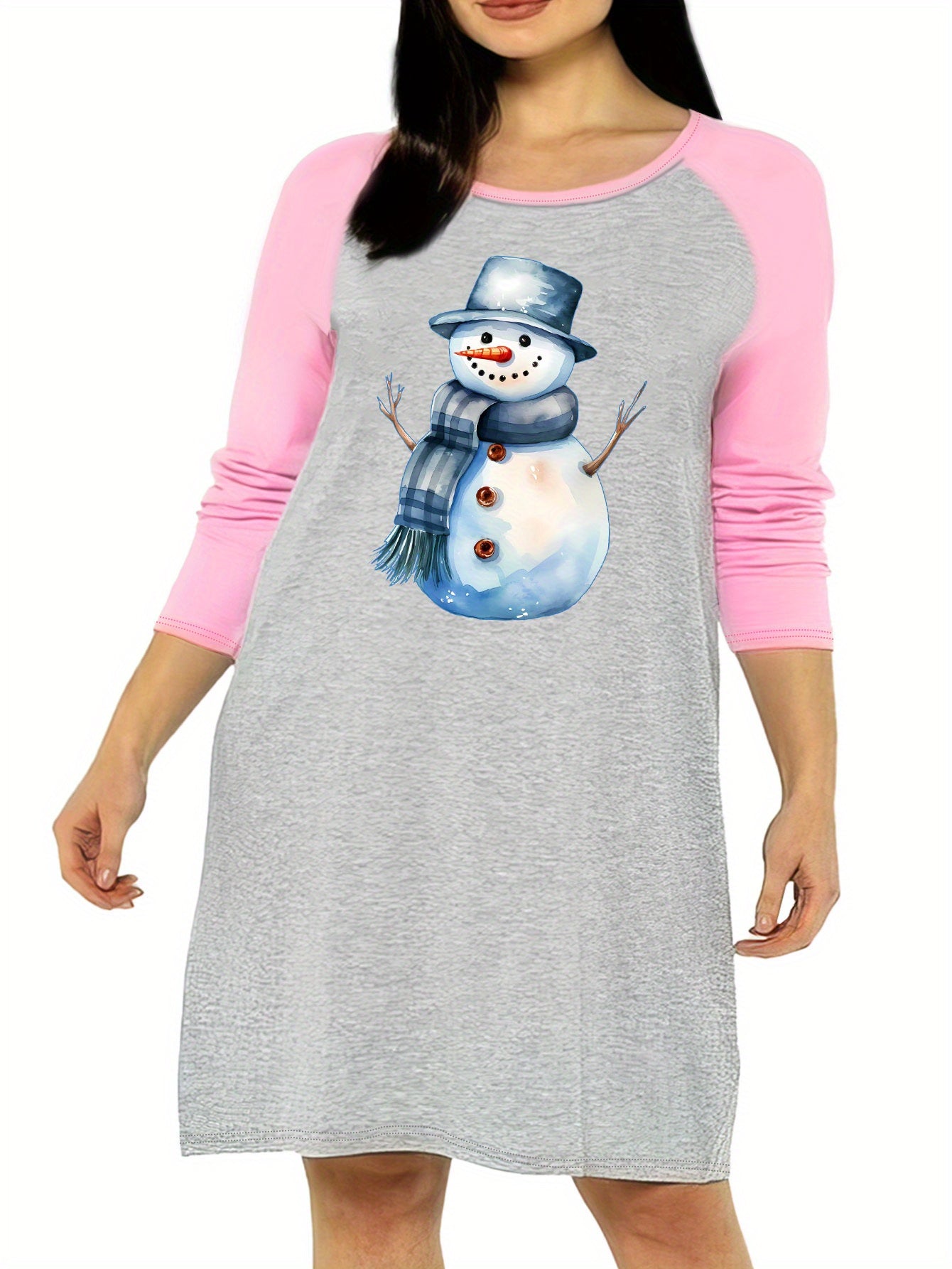 Snowman Print Nightdress Raglan Sleeve Round Neck Sleep Dress