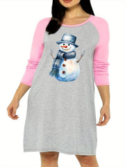 Snowman Print Nightdress Raglan Sleeve Round Neck Sleep Dress