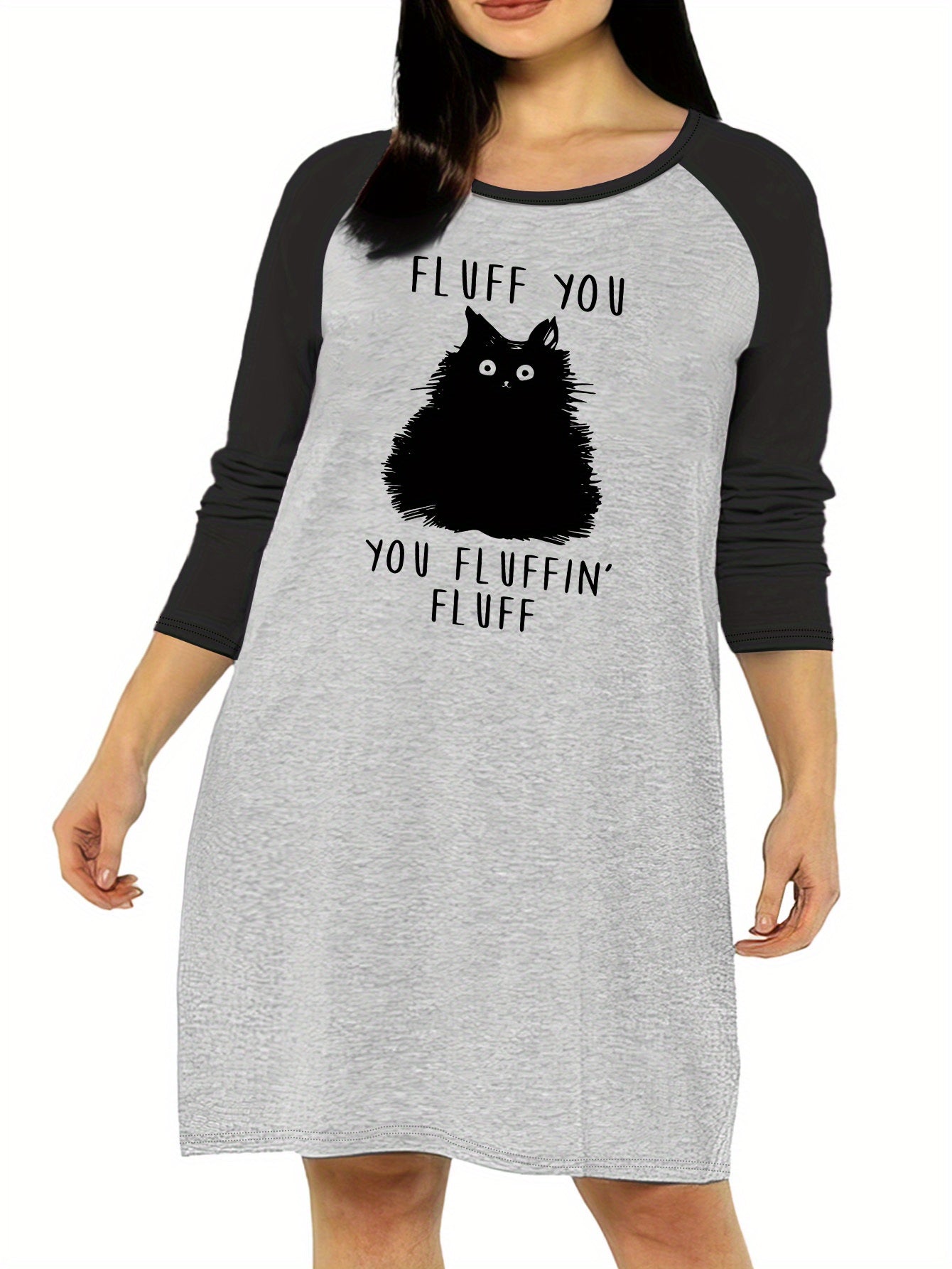 Nightdress Women's Plus Cat & Letter Graphic Raglan Long Sleeve