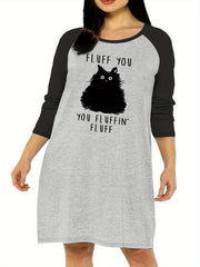 Nightdress Women's Plus Cat & Letter Graphic Raglan Long Sleeve