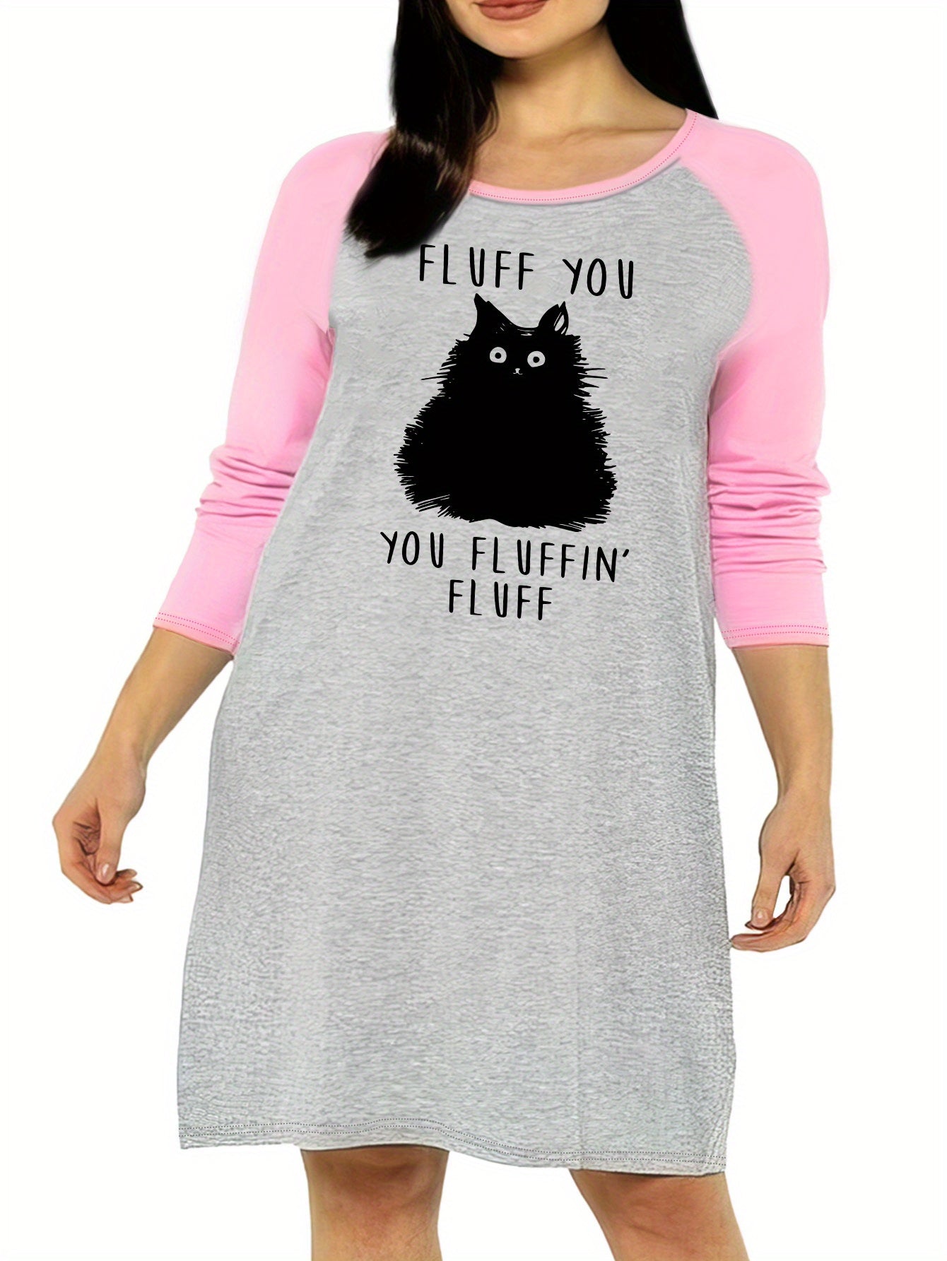 Nightdress Women's Plus Cat & Letter Graphic Raglan Long Sleeve
