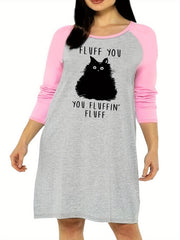 Nightdress Women's Plus Cat & Letter Graphic Raglan Long Sleeve