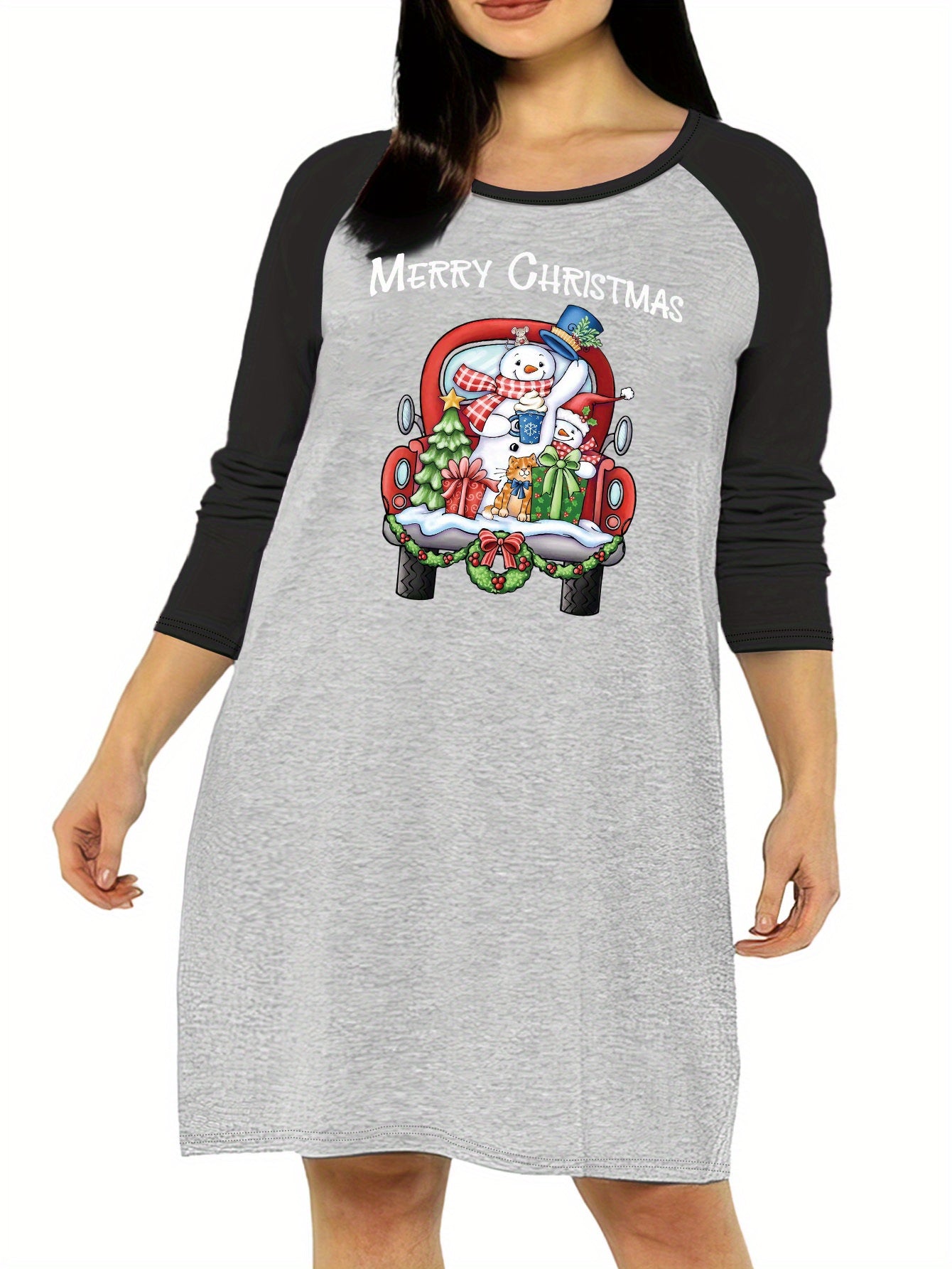 Christmas Nightdress Women's Snowman & Graphic Raglan Long Sleeve