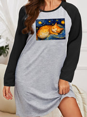 Nightdress Women's Plus Cat Painting Graphic Raglan Long Sleeve