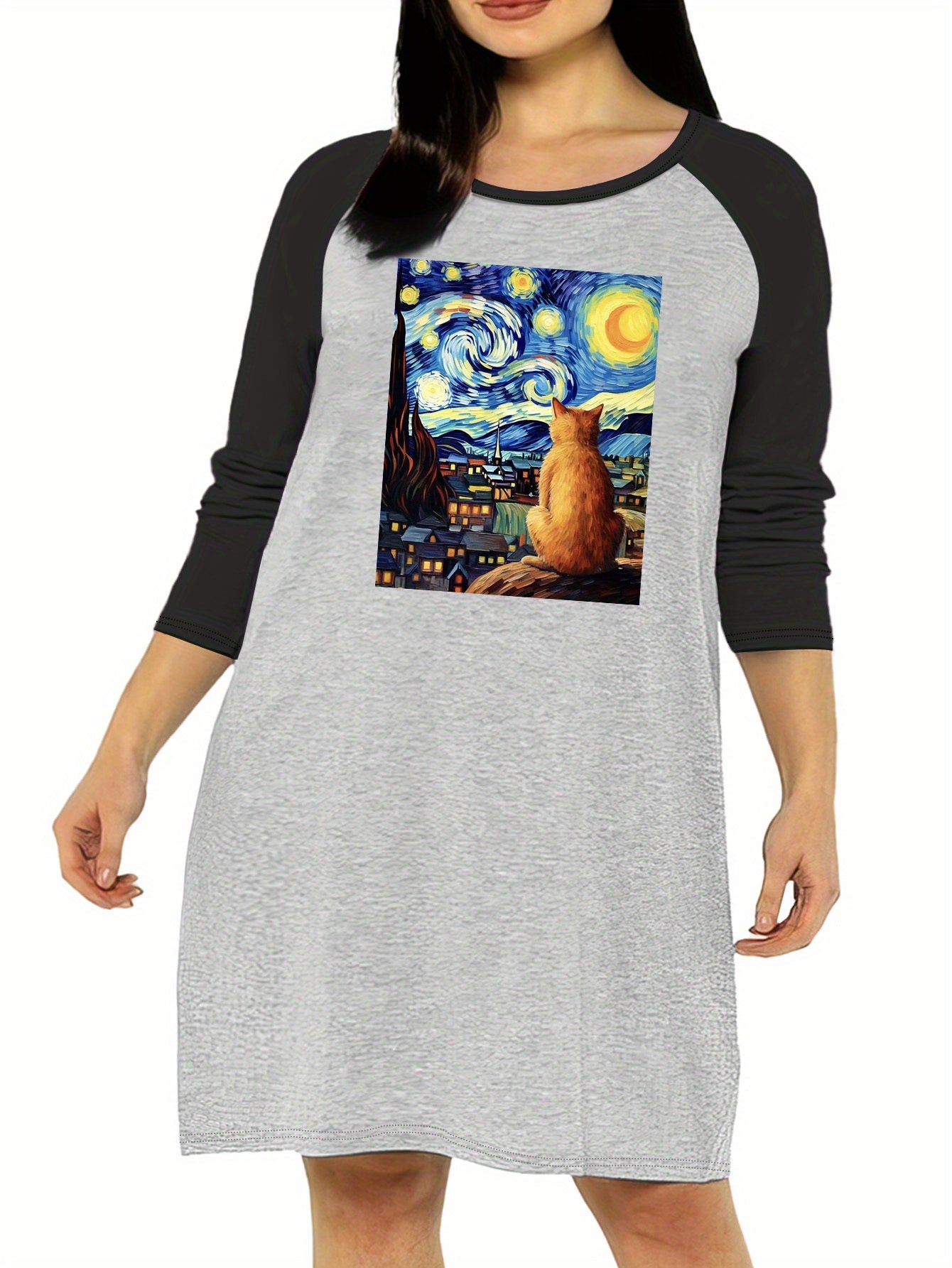 Nightdress Starry Sky & Cat Graphic Raglan Long Sleeve Sleep Dress