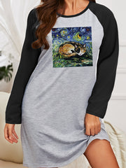 Cat Painting Raglan Long Sleeve Nightdress