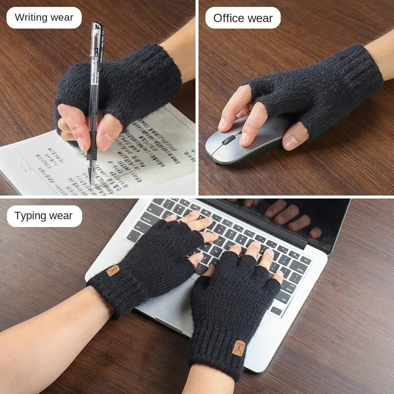 Solid Cashmere Warm Gloves Half Finger Stretch Knitted Gloves Winter Coldproof