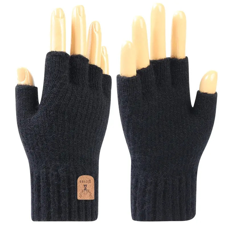 Solid Cashmere Warm Gloves Half Finger Stretch Knitted Gloves Winter Coldproof
