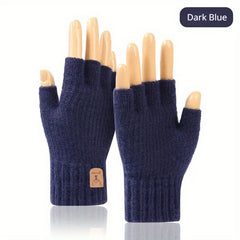 Solid Cashmere Warm Gloves Half Finger Stretch Knitted Gloves Winter Coldproof