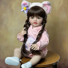 22" Reborn Girl Doll Long Brown Hair Full Vinyl Body Pink Outfit Accessories