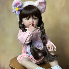 22" Reborn Girl Doll Long Brown Hair Full Vinyl Body Pink Outfit Accessories