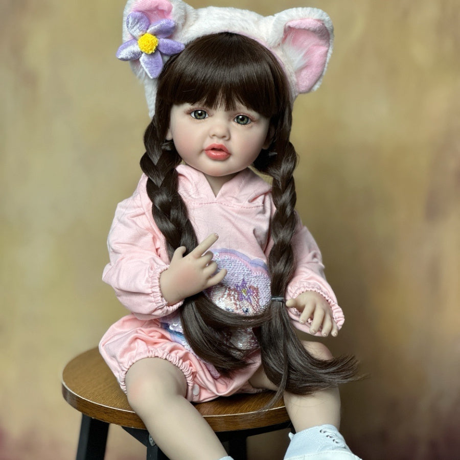 22" Reborn Girl Doll Long Brown Hair Full Vinyl Body Pink Outfit Accessories
