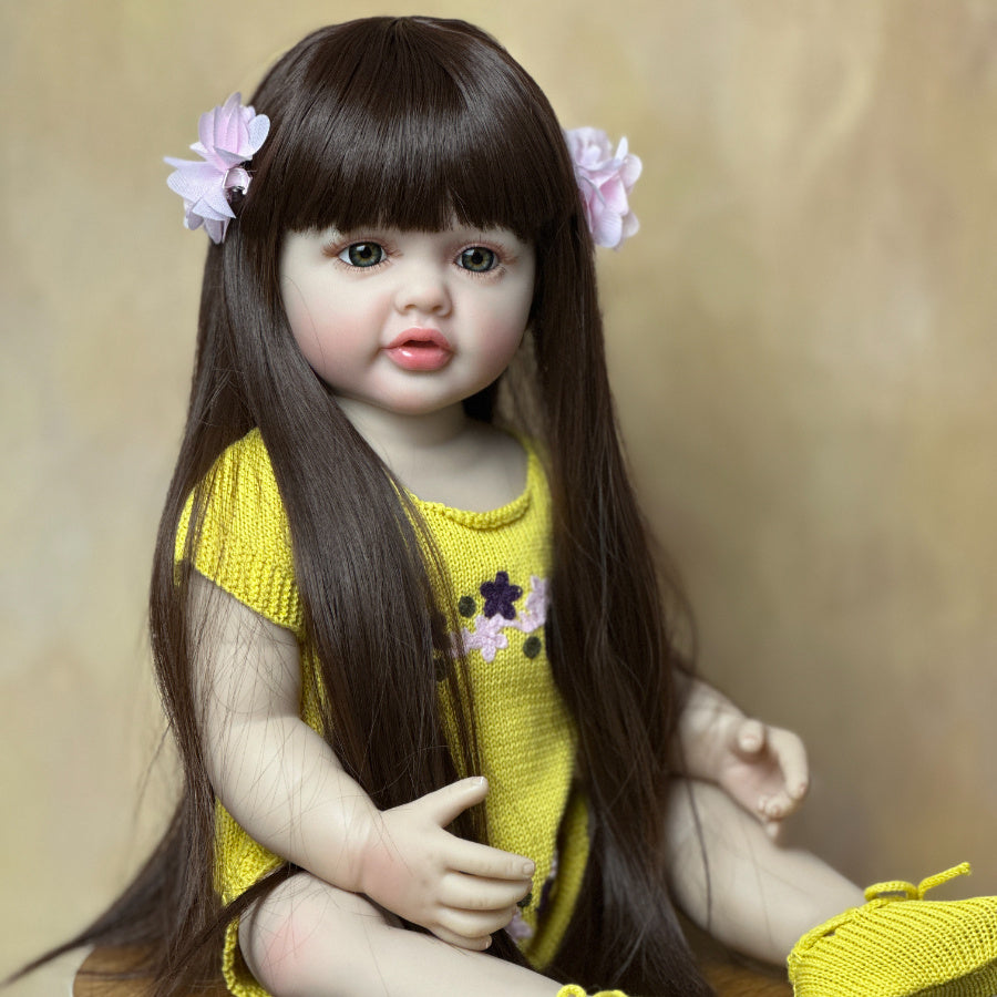 22" Realistic Reborn Doll Full Silicone Long Brown Hair Princess Christmas Gift