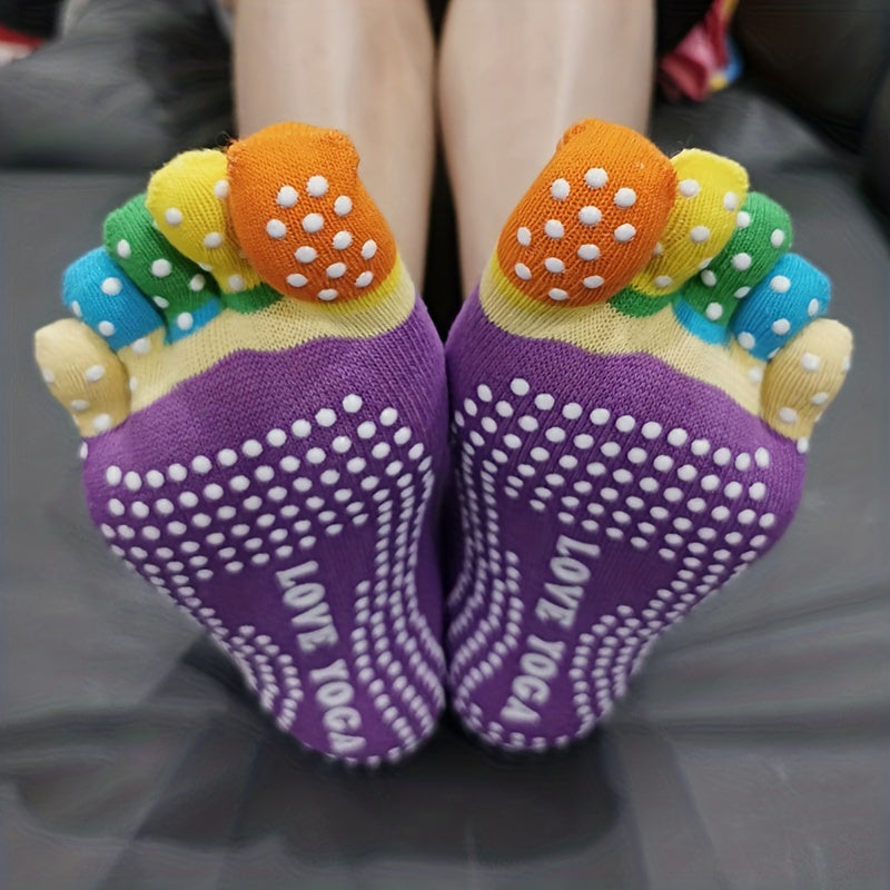Rainbow Five Toe Yoga Socks with Grip for Women