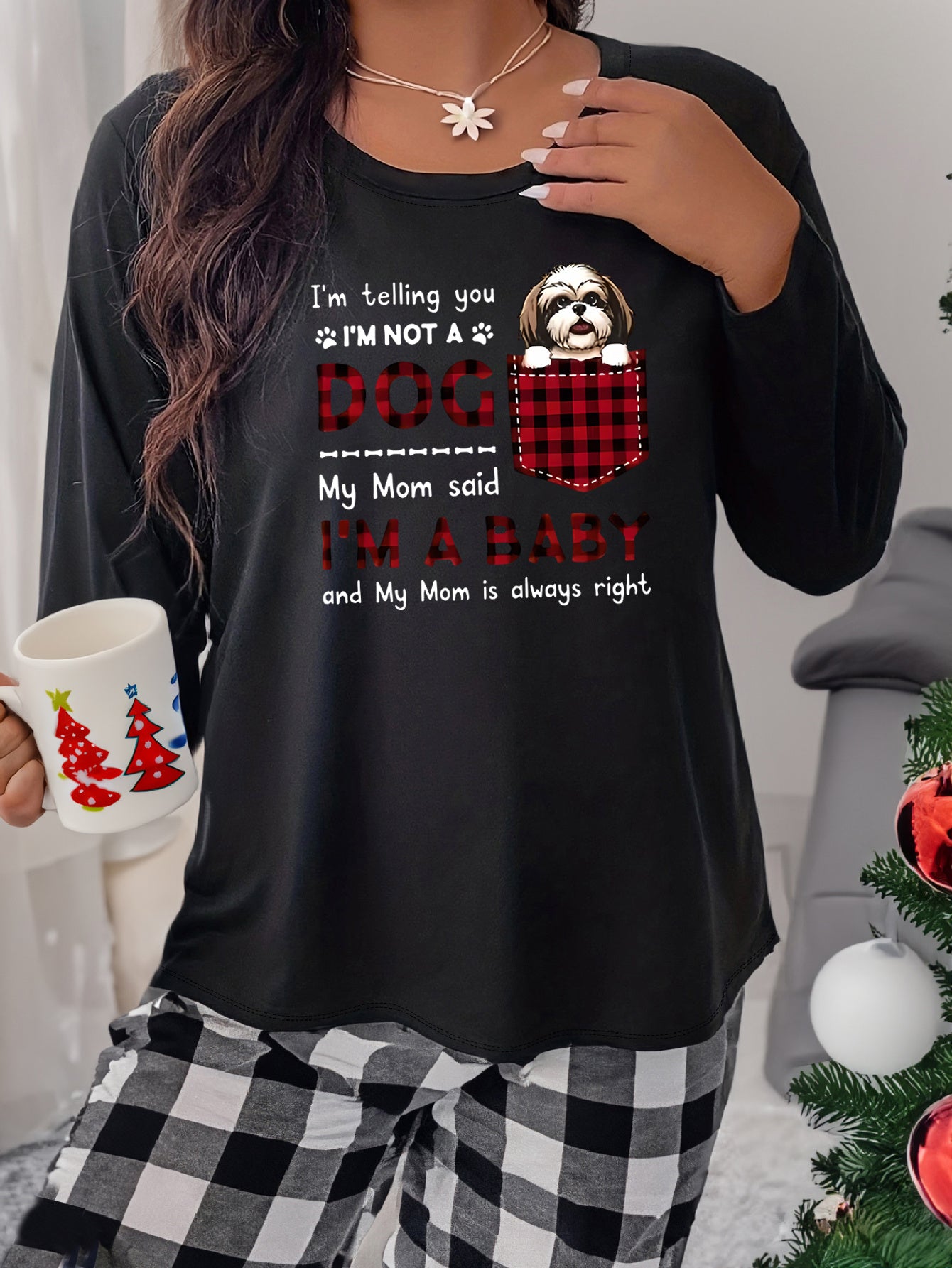 Puppy & Plaid Pocket Print Long Sleeve Loungewear Top
