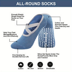 Women's Non Slip Yoga Socks with Grips, Cross Strap