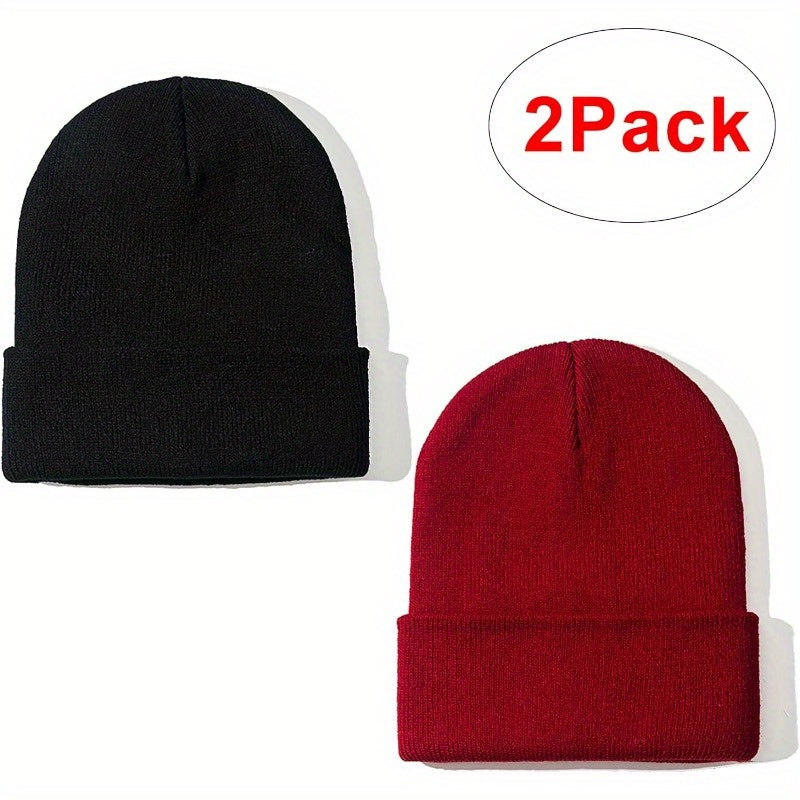 2pcs Knitted Beanie Hat Solid Winter Beanie