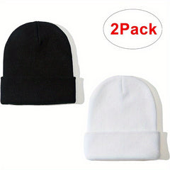 2pcs Knitted Beanie Hat Solid Winter Beanie