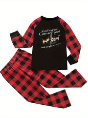 Cat Print Raglan Sleeve Top & Plaid Pants Lounge Set