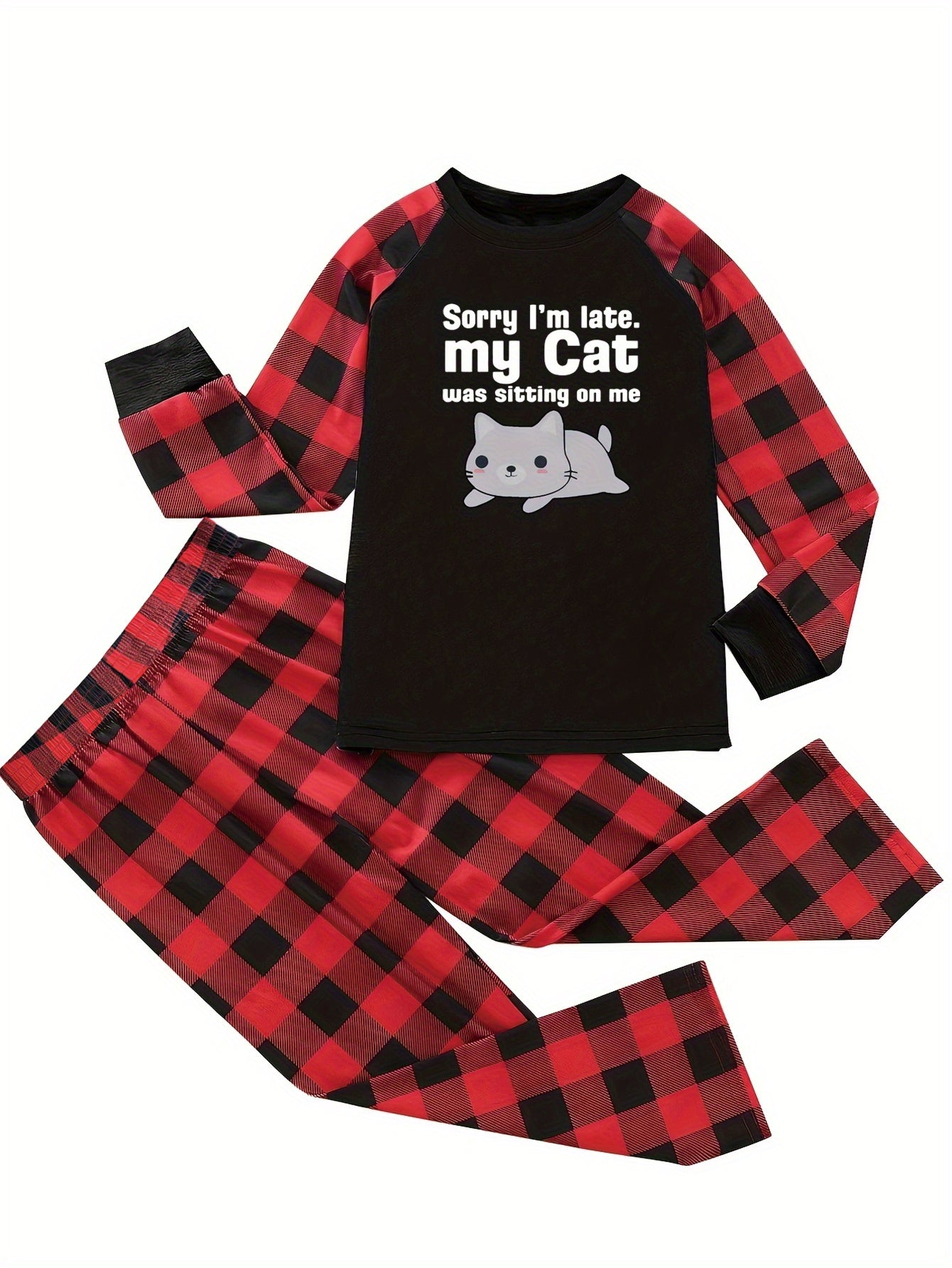 Cat & Slogan Print Raglan Top & Plaid Pants Lounge Set