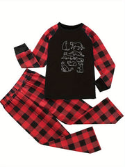 Cat Print Raglan Sleeve Top & Plaid Pants Lounge Set