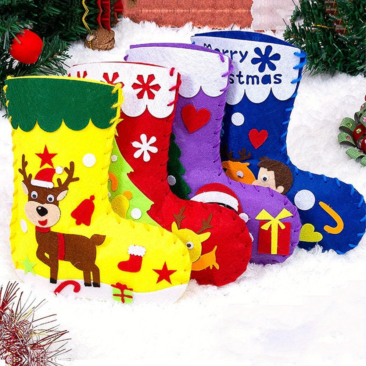 4pcs DIY Christmas Felt Stockings Crafts Create Your Own Santa Snowman Reindeer