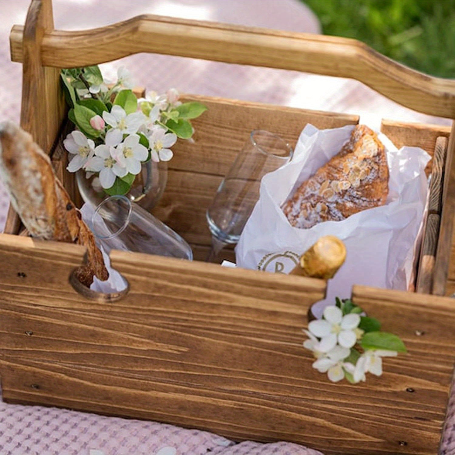 Wooden Folding Picnic Table with Wine Glass Holder and Storage Basket