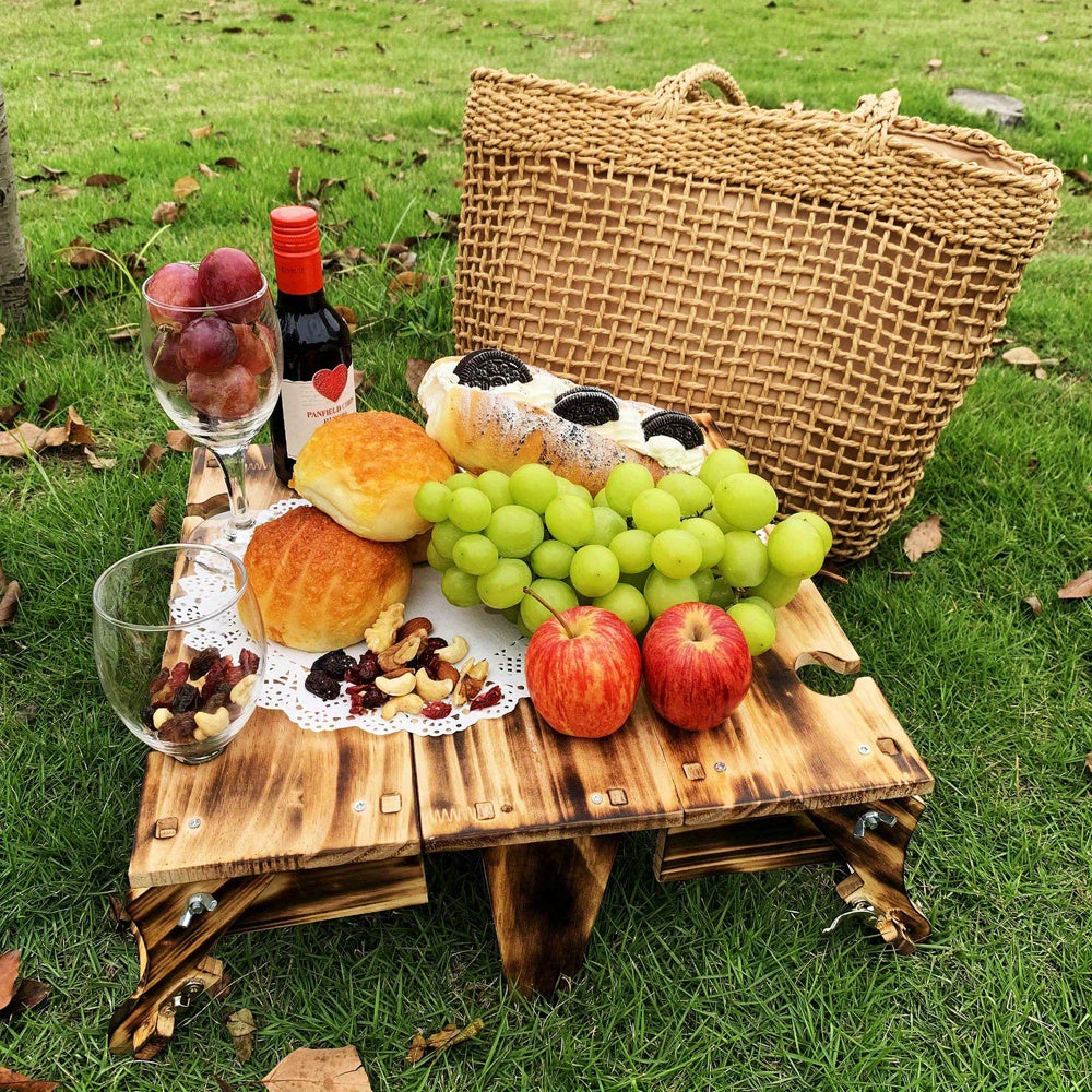 Wooden Folding Picnic Table with Wine Glass Holder and Storage Basket