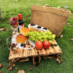 Wooden Folding Picnic Table with Wine Glass Holder and Storage Basket