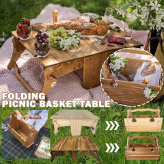 Wooden Folding Picnic Table with Wine Glass Holder and Storage Basket