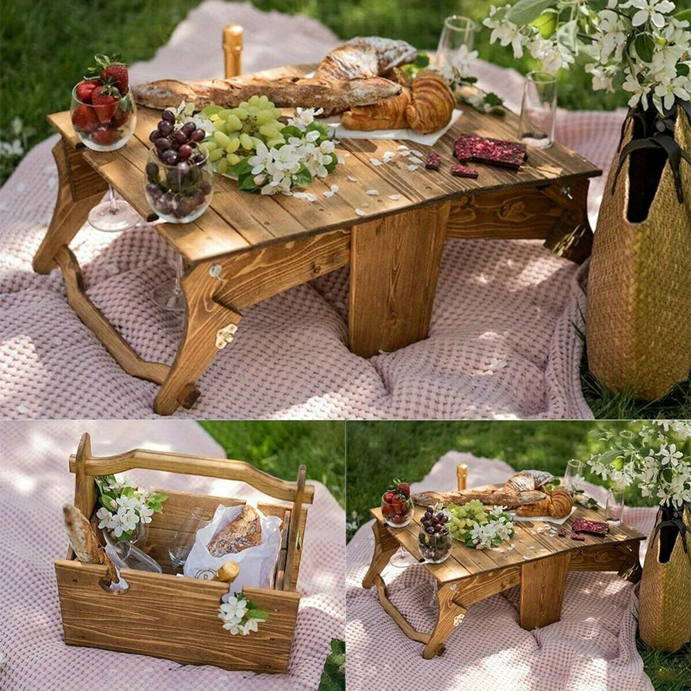Wooden Folding Picnic Table with Wine Glass Holder and Storage Basket