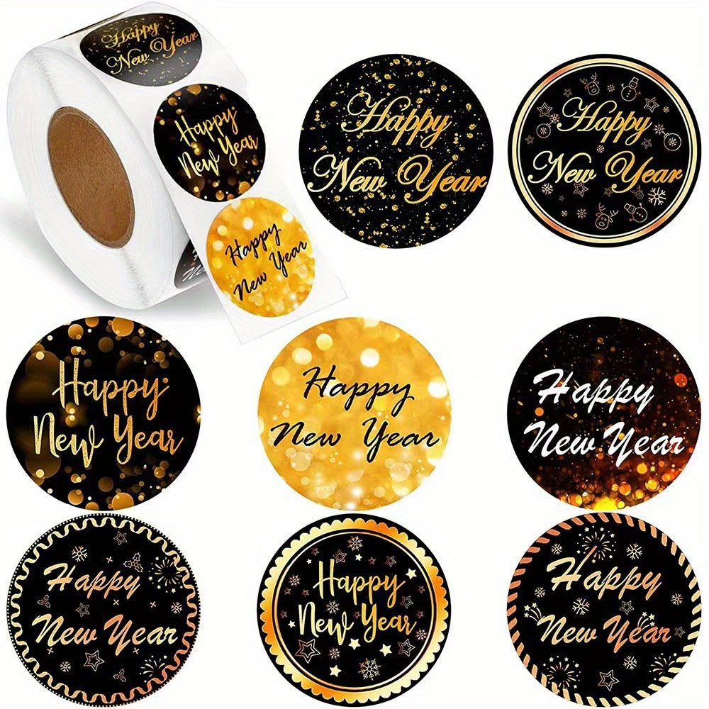 Golden Happy Year Stickers 500 Pcs Year Labels Happy Year Faux Glitter Sticker