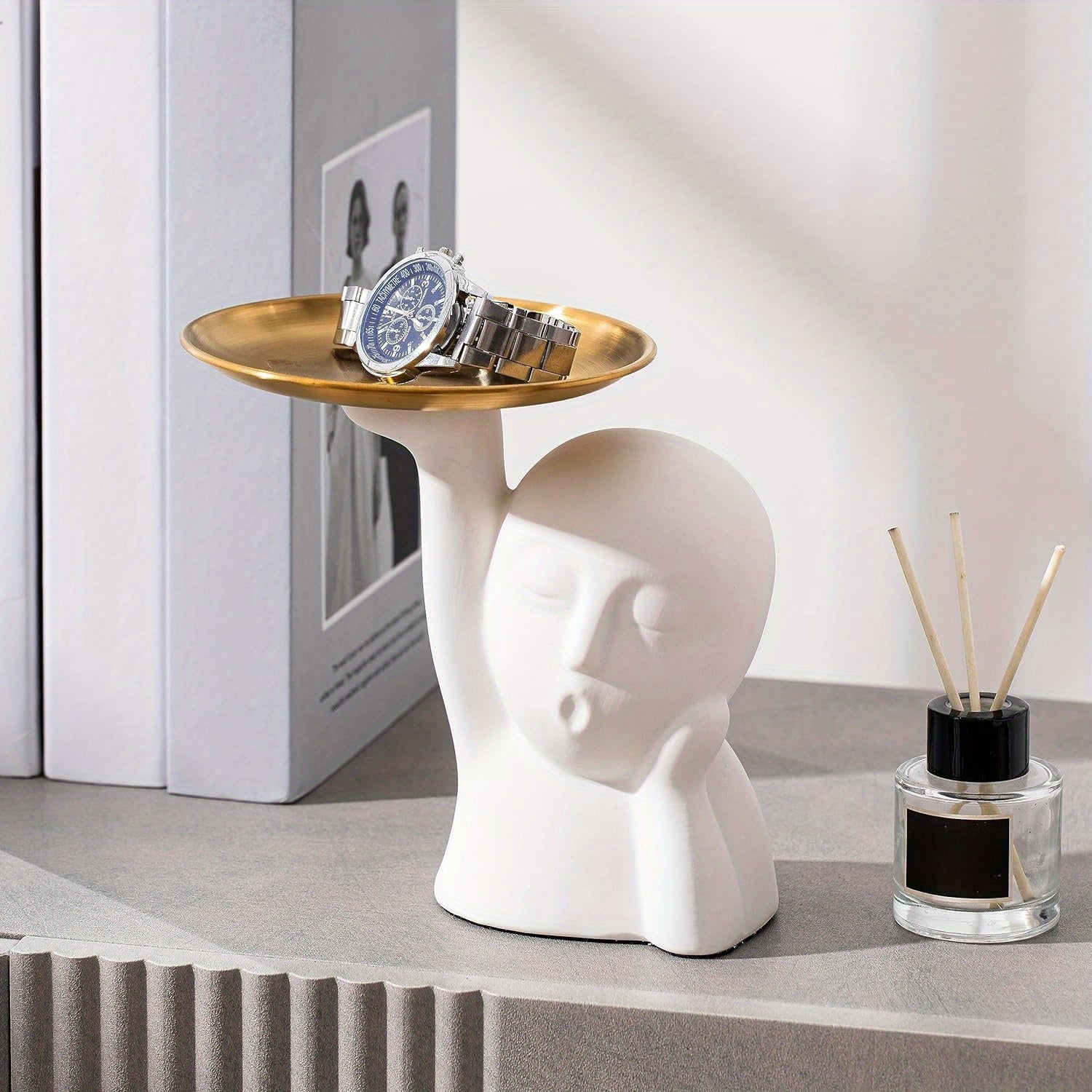 Abstract Art Face Statue Storage Tray Modern Home Decor Key Bowl Entryway Table
