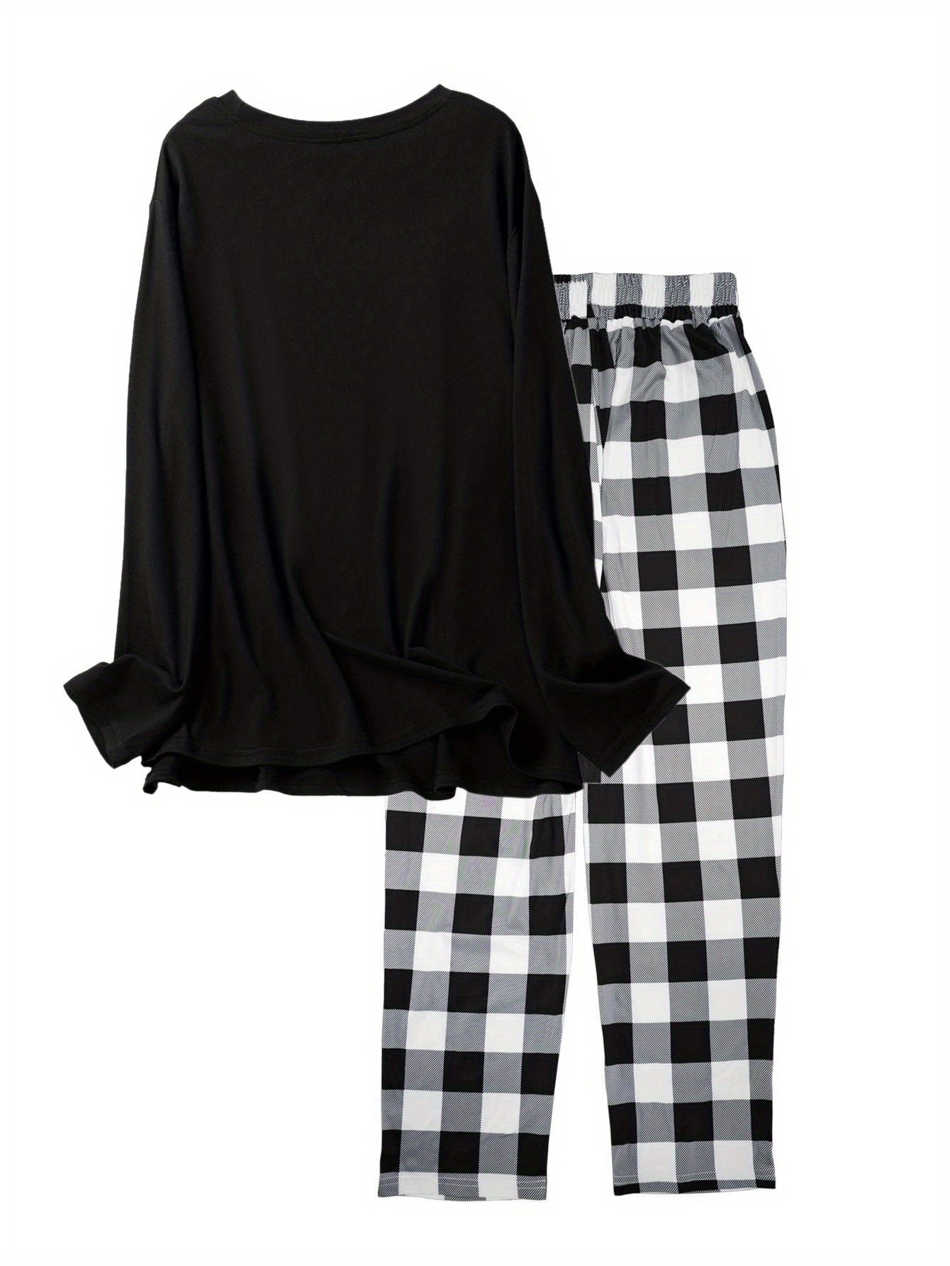 Cat & Ramen Print Long Sleeve Top & Plaid Pants Lounge 2 Piece Set