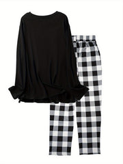 Cat & Ramen Print Long Sleeve Top & Plaid Pants Lounge 2 Piece Set