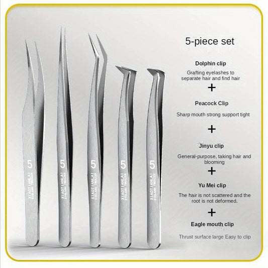 5pcs Eyelash Tweezers Clips Set for Beginners