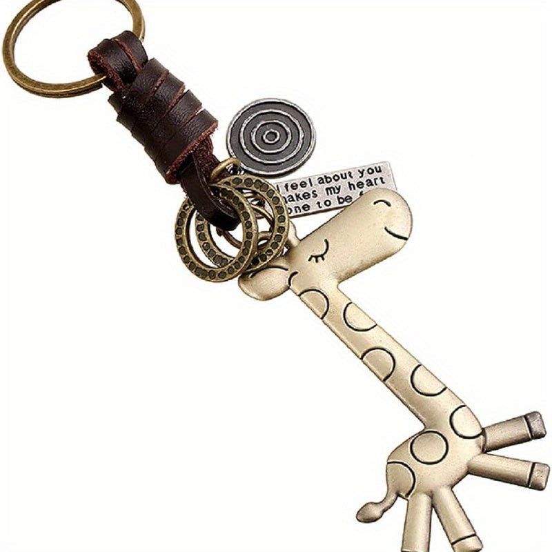 Vintage Cowhide Keychain Bronze Giraffe Pendant Keychain Gift