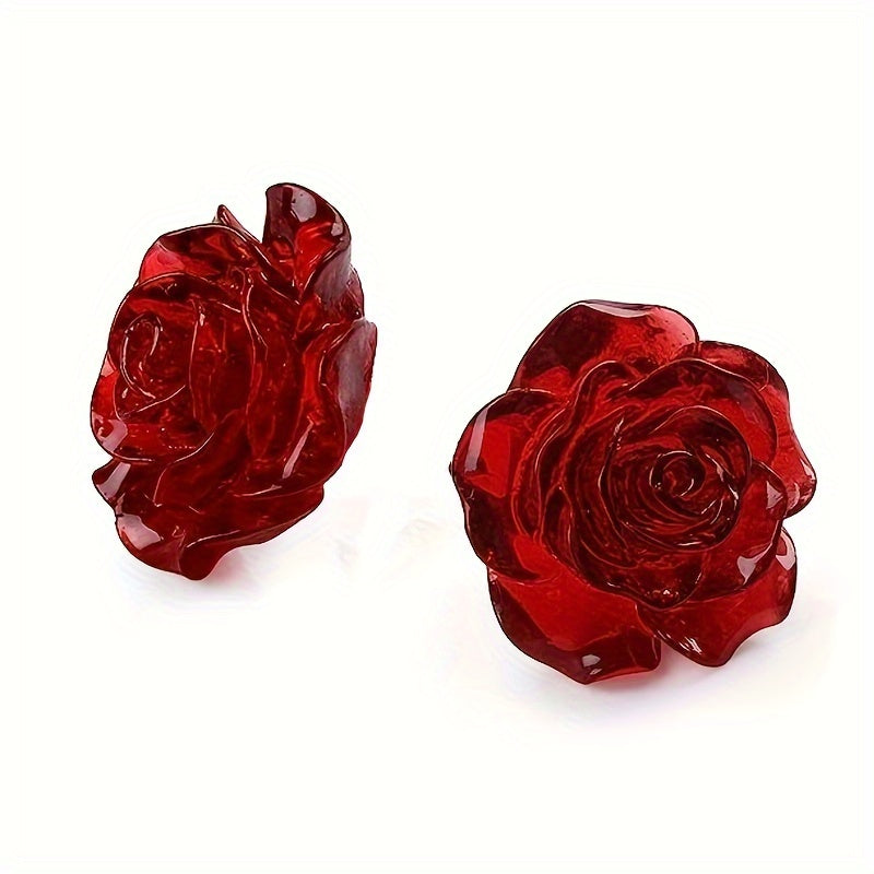 3pcs Red Rose Pendant Earrings Resin Roses for Women