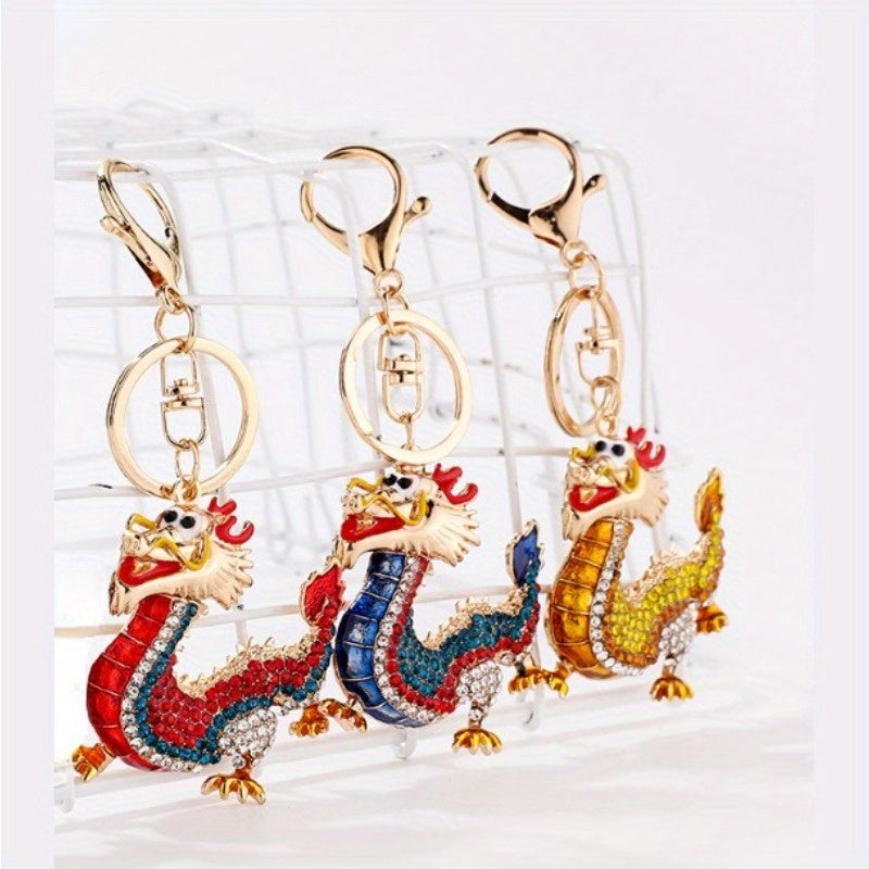 Chinese Rhinestone Zodiac Dragon Keychain Backpack Pendant Keyring