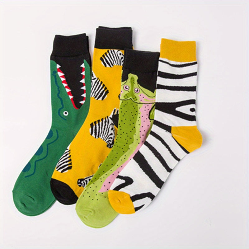 4 Pairs Animal Pattern Cartoon Crew Socks - Novelty Gift Idea for Teens Girl