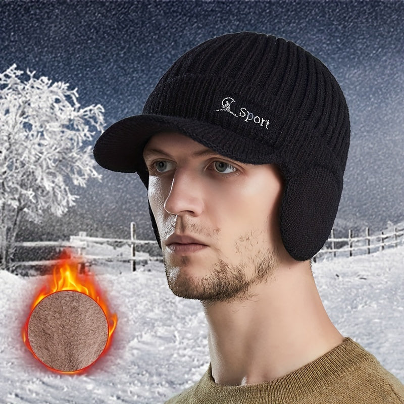Men's Winter Knitted Hat with Ear Flap, Thick Warm Baseball Hat