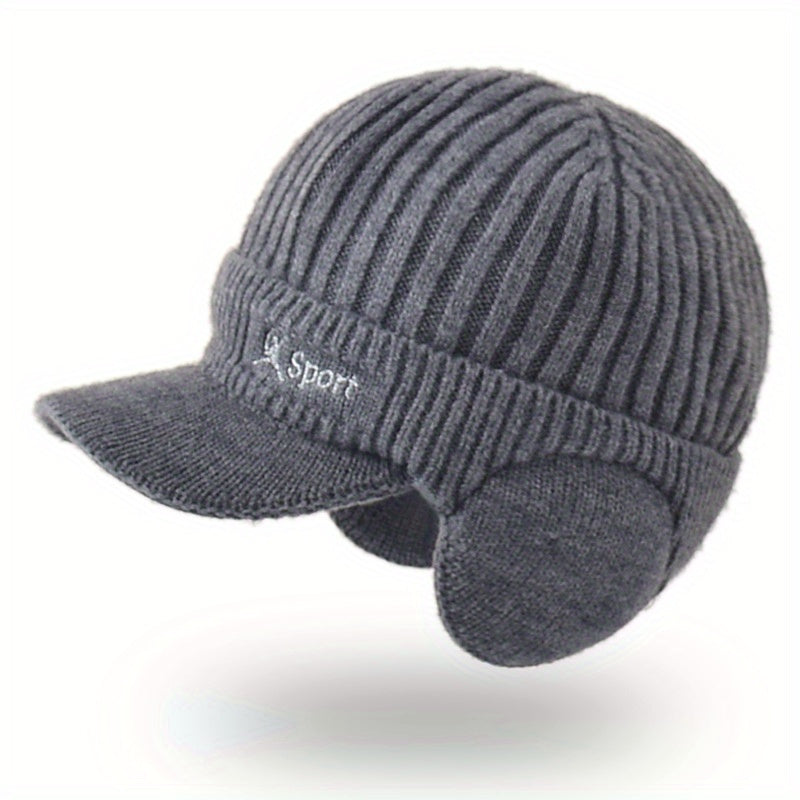 Men's Winter Knitted Hat with Ear Flap, Thick Warm Baseball Hat