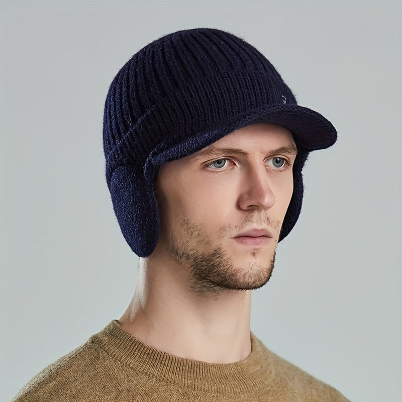 Men's Winter Knitted Hat with Ear Flap, Thick Warm Baseball Hat