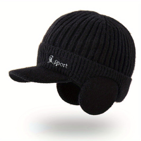 Men's Winter Knitted Hat with Ear Flap, Thick Warm Baseball Hat